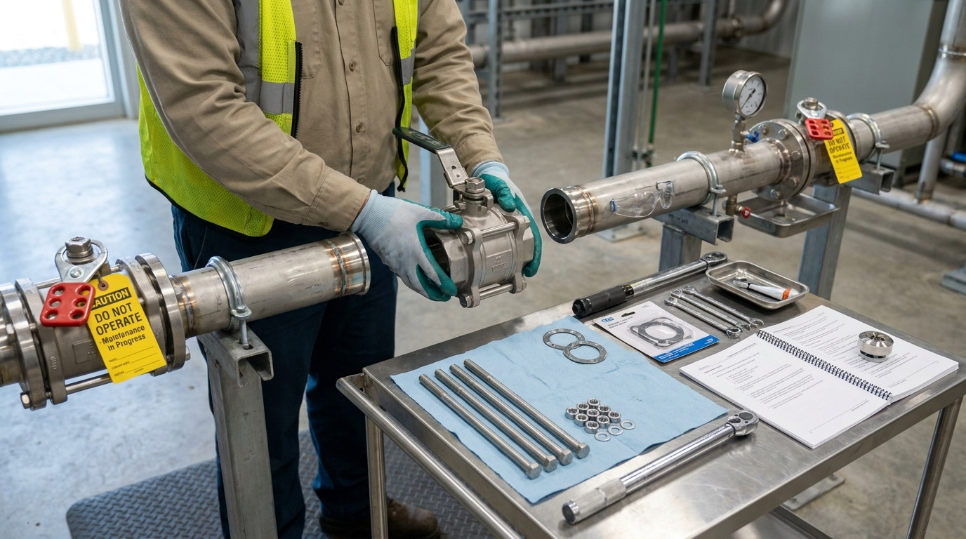 Technician removing the center body of a three-piece ball valve from an isolated pipeline