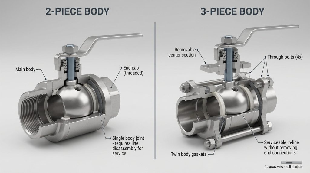 3 piece ball valve vs 2 piece body construction with removable center section