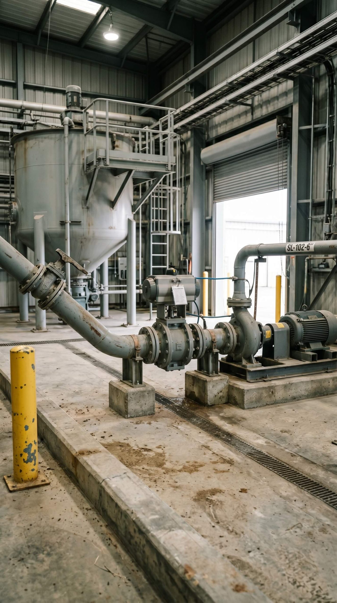 Complex industrial valve setup for slurry handling in a manufacturing plant.