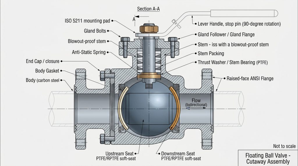 Cutaway diagram of ball valve assembly with seats stem and ball alignment