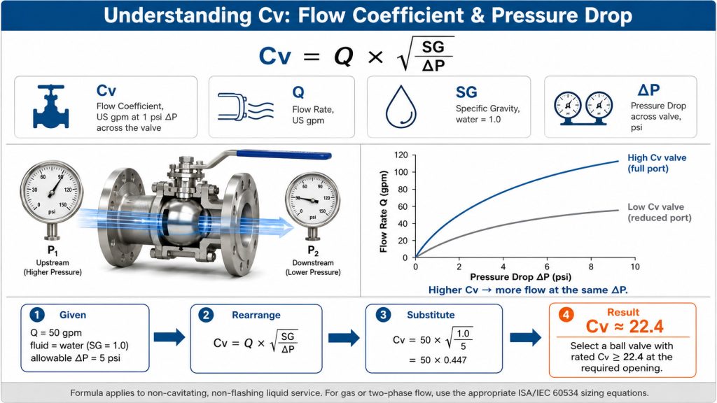 Infographic explaining Cv relationship to flow rate and ball valve pressure drop