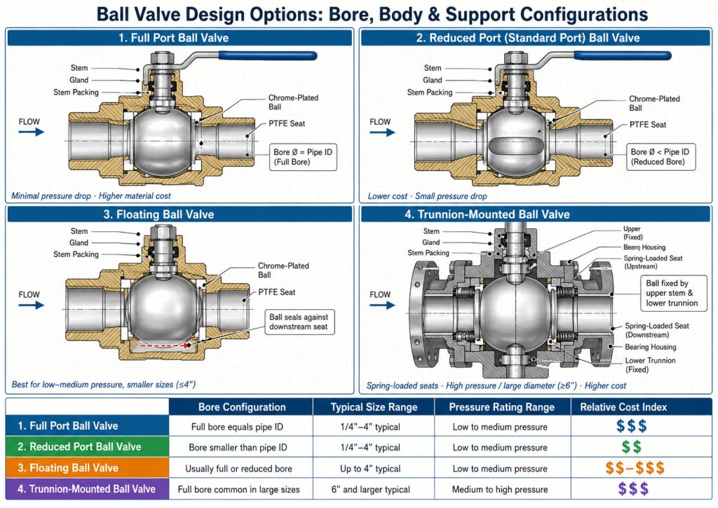 Technical diagram showing full port reduced port floating ball and trunnion ball valve choices