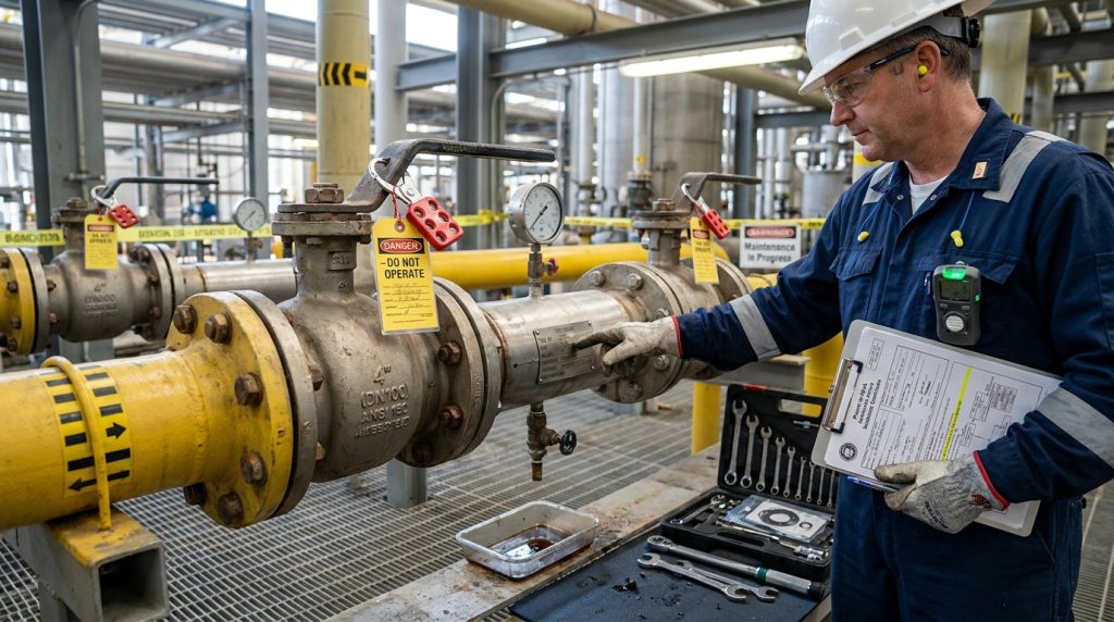 Technician planning ball valve disassembly on an isolated industrial pipeline