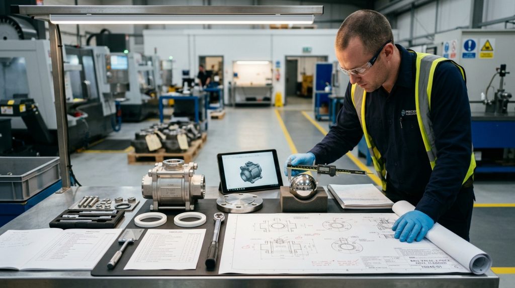 Engineer reviewing ball valve components and manufacturing drawings before production