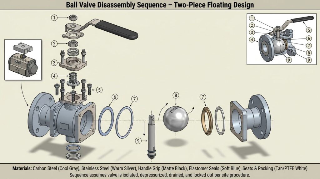 Ball valve disassembly sequence showing actuator, stem, ball, seats, and body seals