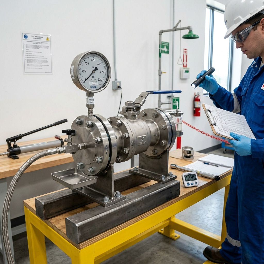 Repaired ball valve under controlled pressure test before installation