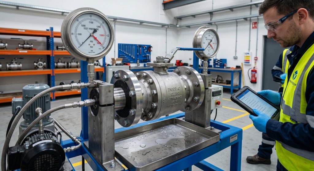 Laboratory testing setup demonstrating hydrostatic shell pressure testing of a manufactured ball valve according to API 598.