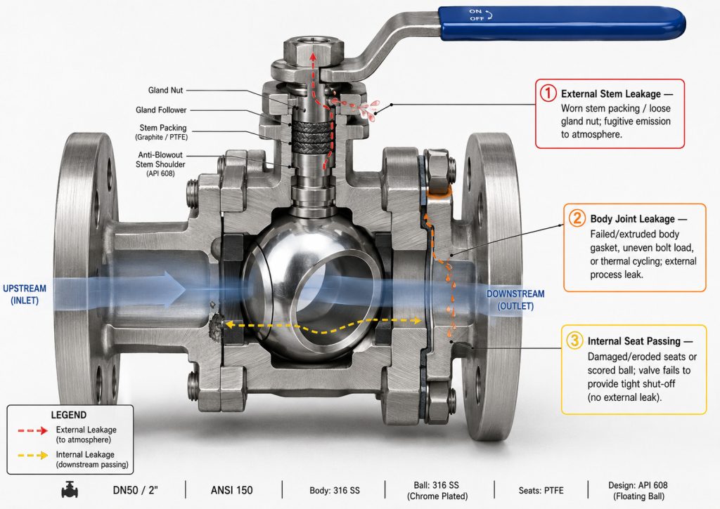 Ball valve leak paths at stem, body joint, and seats