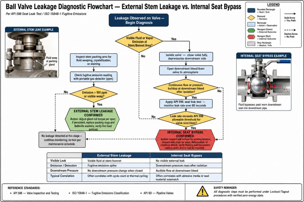 Diagnostic flowchart for identifying industrial ball valve leakage paths