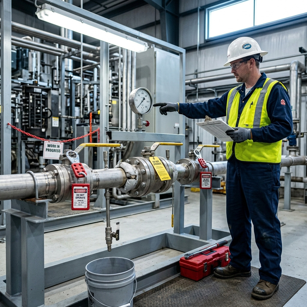 Technician isolating and depressurizing a ball valve before repair