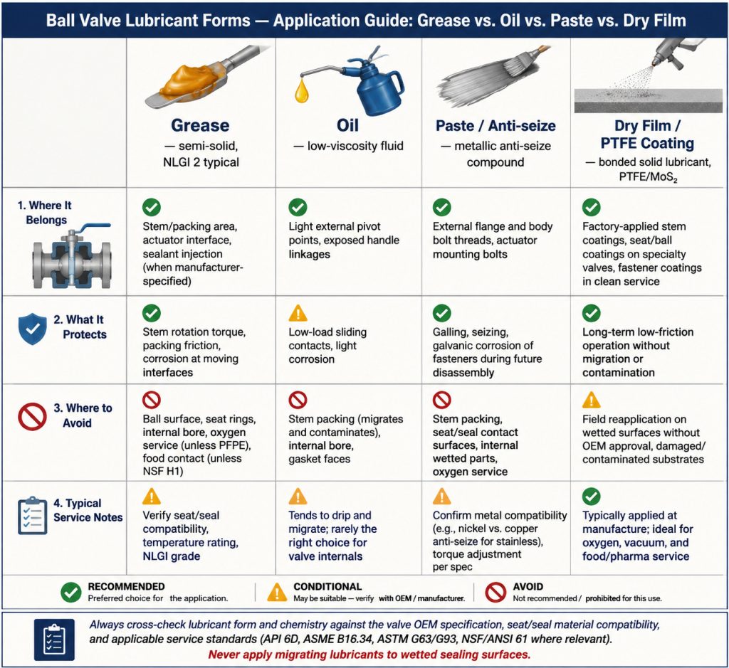 Comparison chart of grease oil paste and dry film use on ball valves