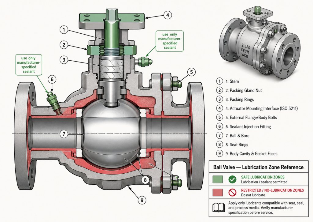 Technical diagram of ball valve lubrication points and no-lubrication zones