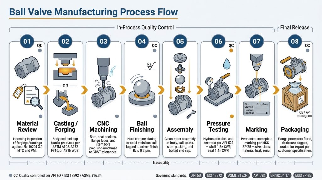 Ball valve manufacturing process flow from raw material to pressure testing