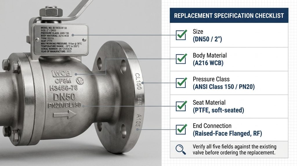 Ball valve nameplate and flange marking checklist for replacement specification