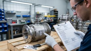 Engineer checking ball valve nameplate and flange specification sheet