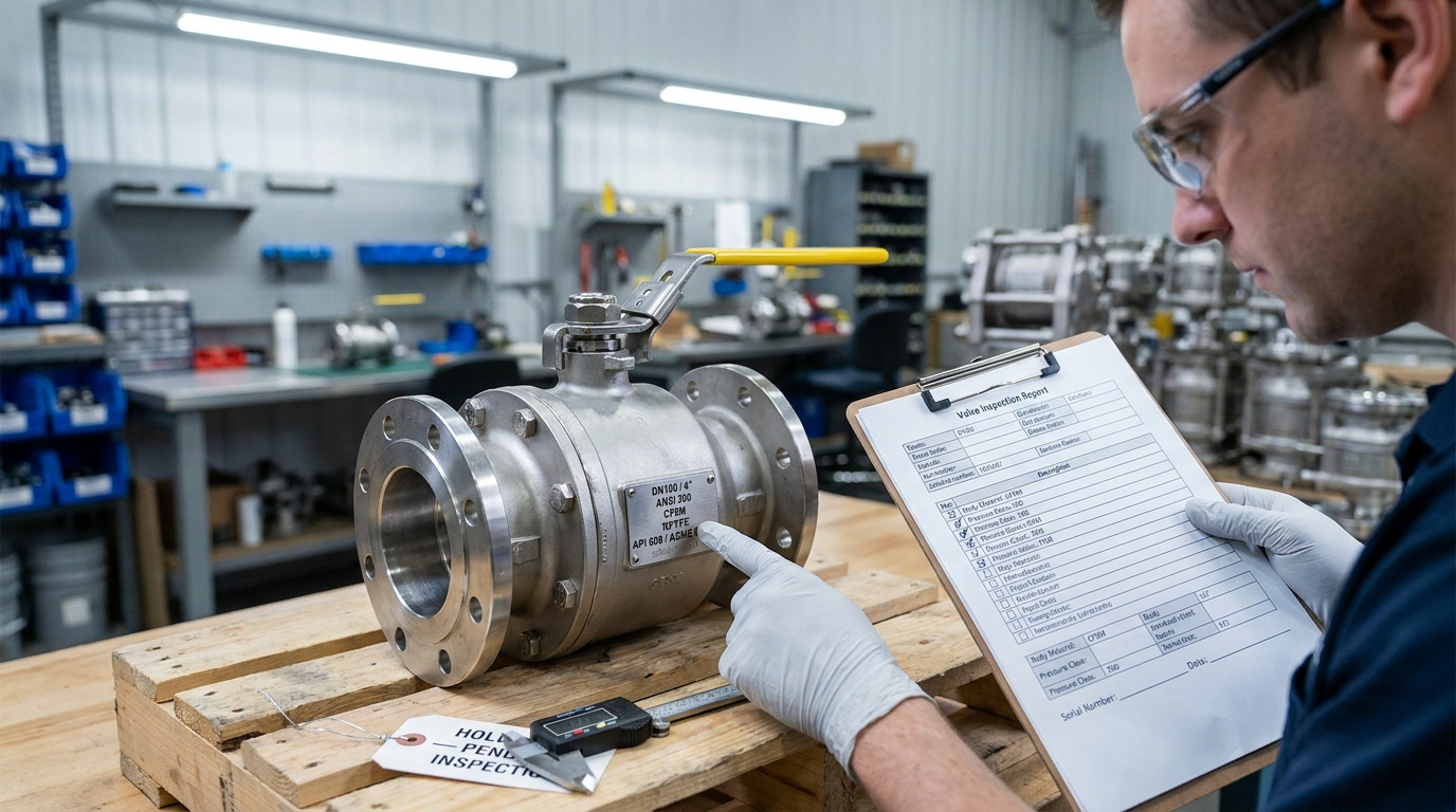 Engineer checking ball valve nameplate and flange specification sheet