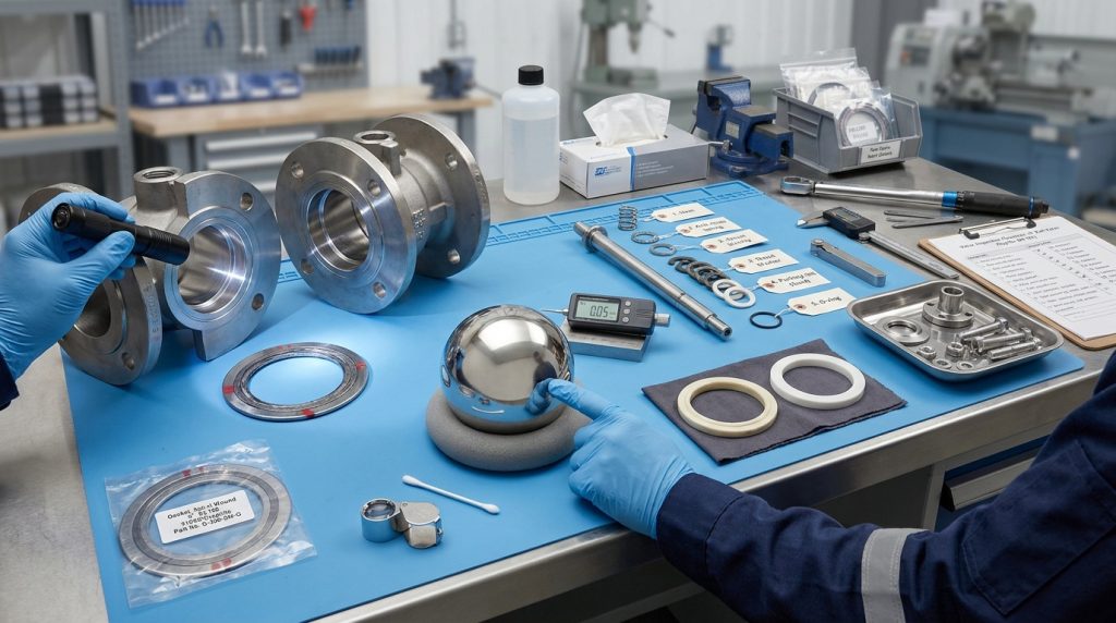 Inspection of ball valve seats, stem packing, body gasket, and polished ball surface