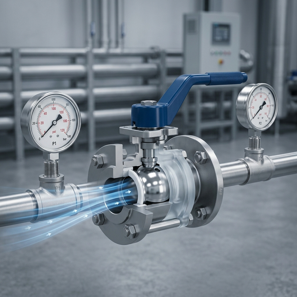 Industrial stainless steel ball valve with upstream and downstream pressure gauges illustrating pressure drop calculation using Cv flow coefficient