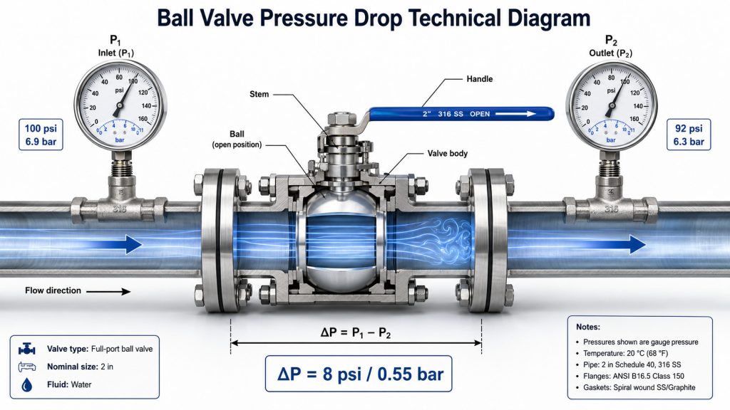 Technical diagram showing ball valve pressure drop between inlet and outlet gauges