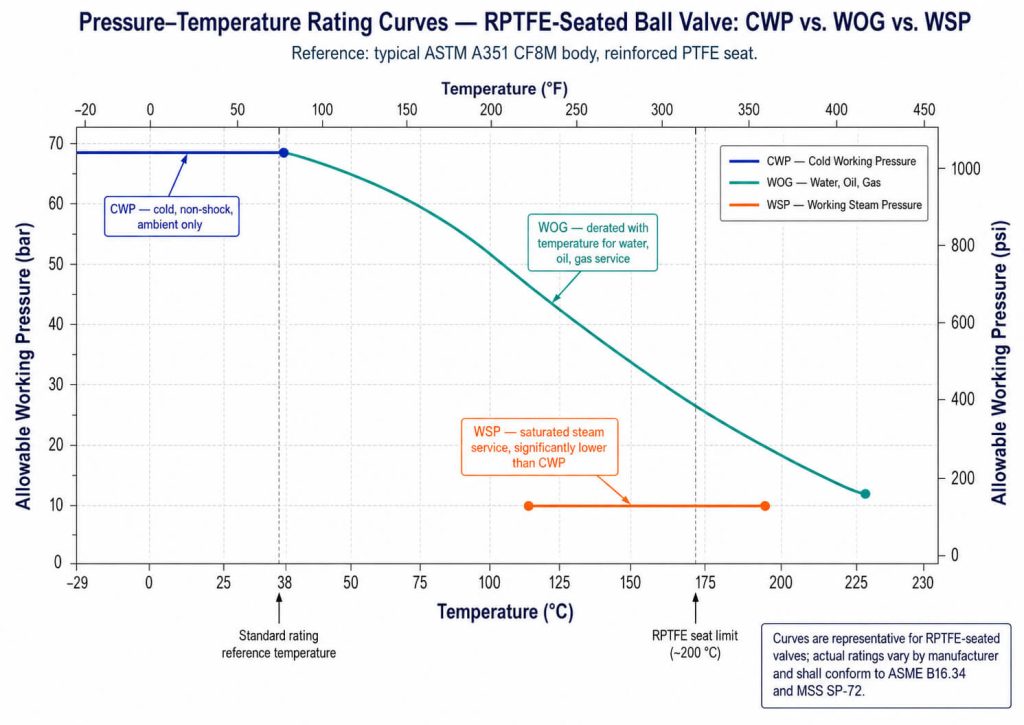 Dual-axis technical graph comparing the pressure-temperature rating curves of CWP, WOG, and WSP on a standard RPTFE-seated ball valve.