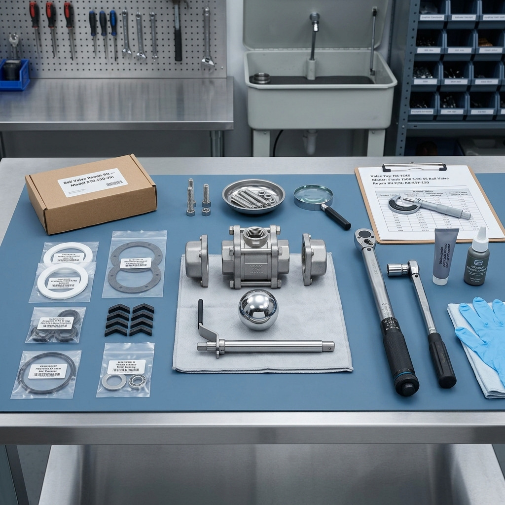 Ball valve repair kit with seats, packing, gaskets, and stem seals