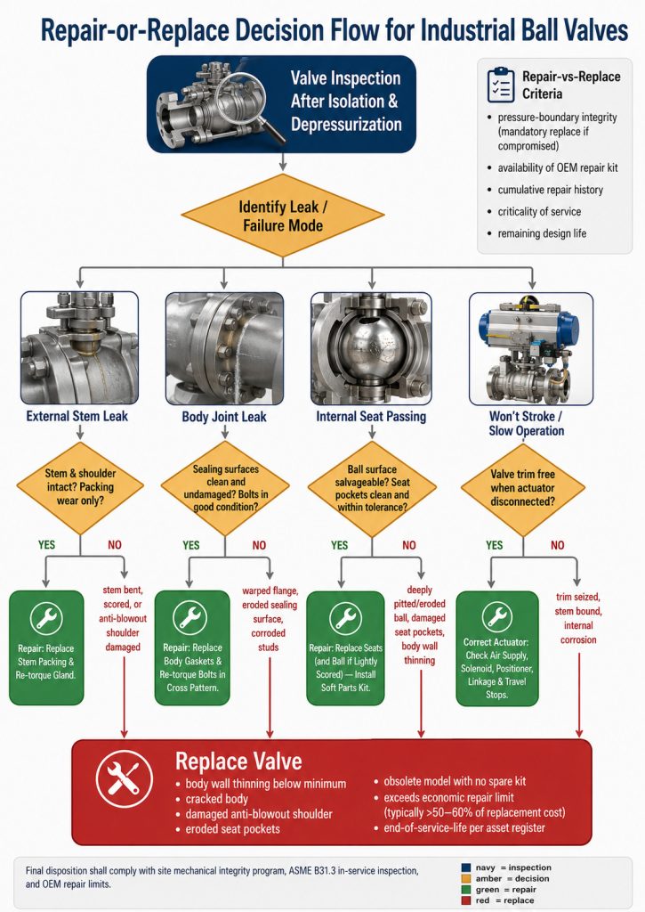 Decision flow for repairing or replacing an industrial ball valve