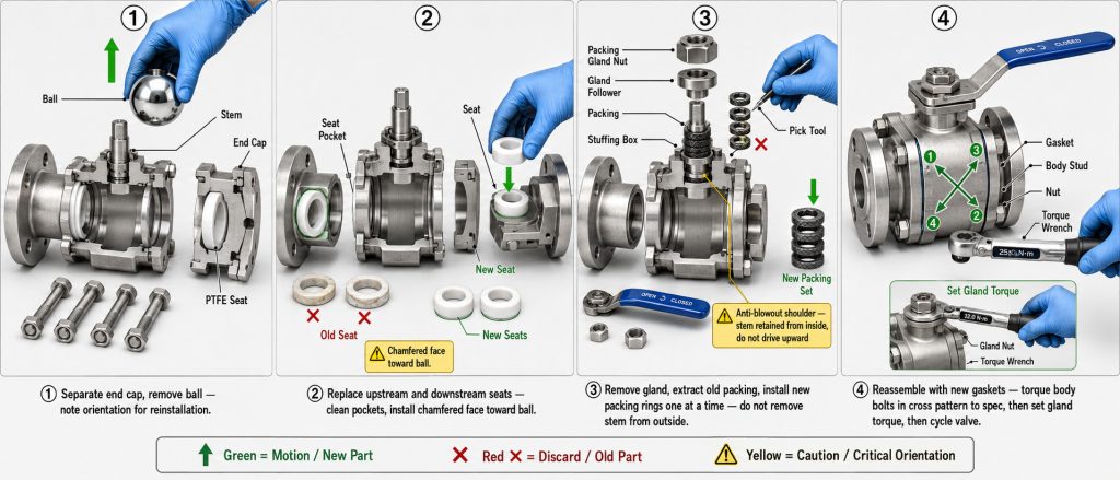 Technician showing how to repair a ball valve with seats and stem packing removed