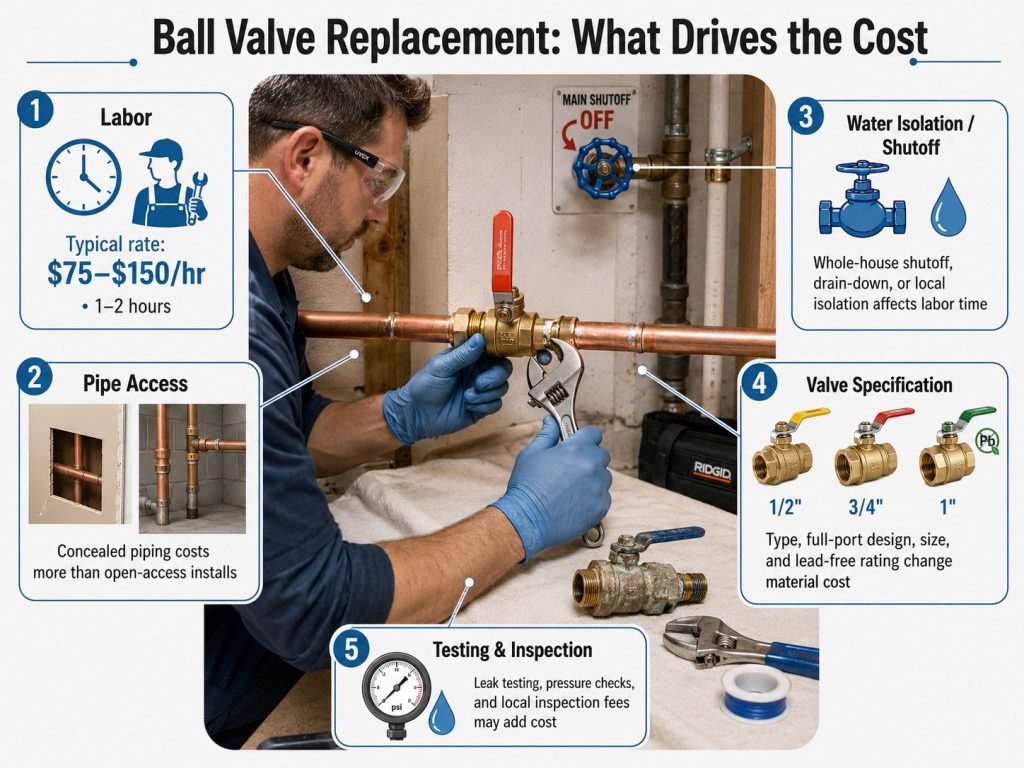 Plumber cost to replace ball valve breakdown with labor access and valve specification factors