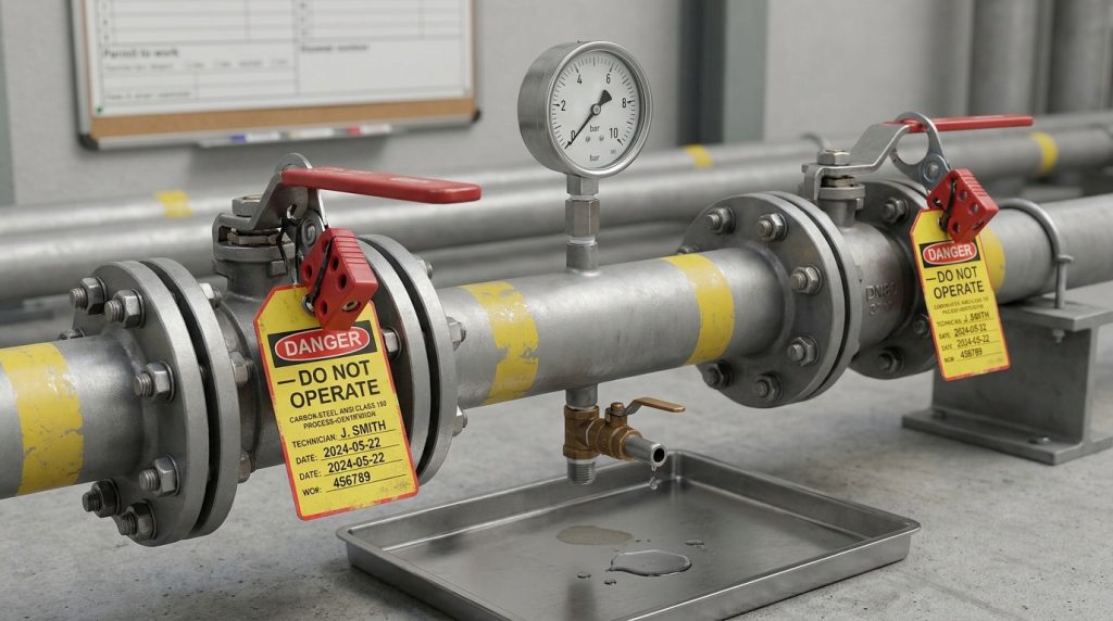 Lockout tag and pressure gauge used before ball valve replacement work
