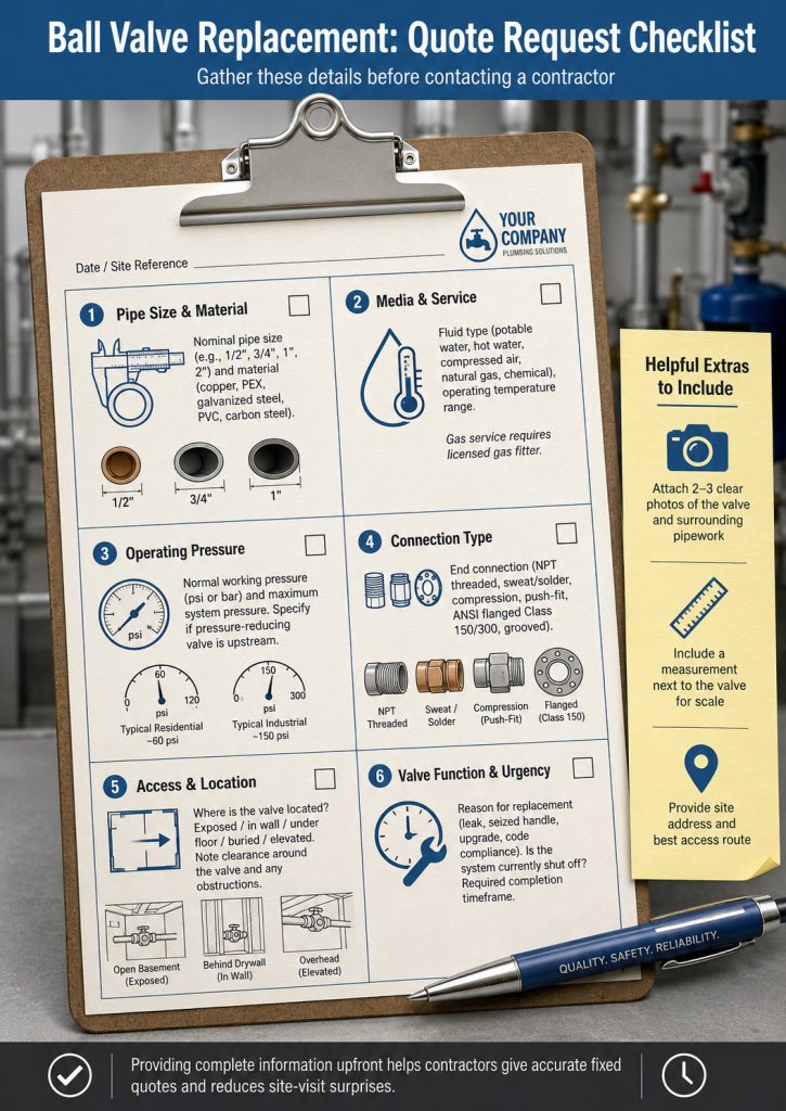 Ball valve replacement quote checklist with pipe size media pressure connection and access details