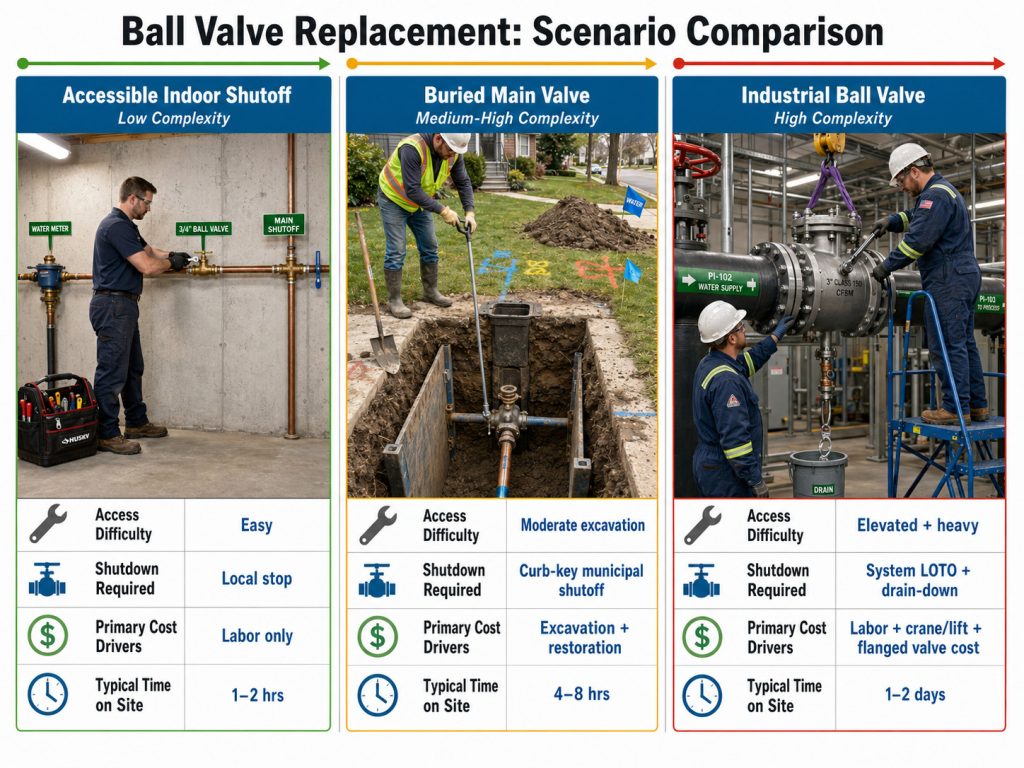 Comparison of accessible indoor shutoff buried main valve and industrial ball valve replacement