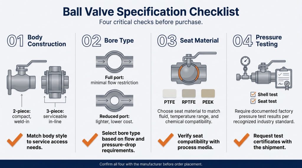 Infographic showing body style, bore type, seat material, and pressure testing checks for ball 