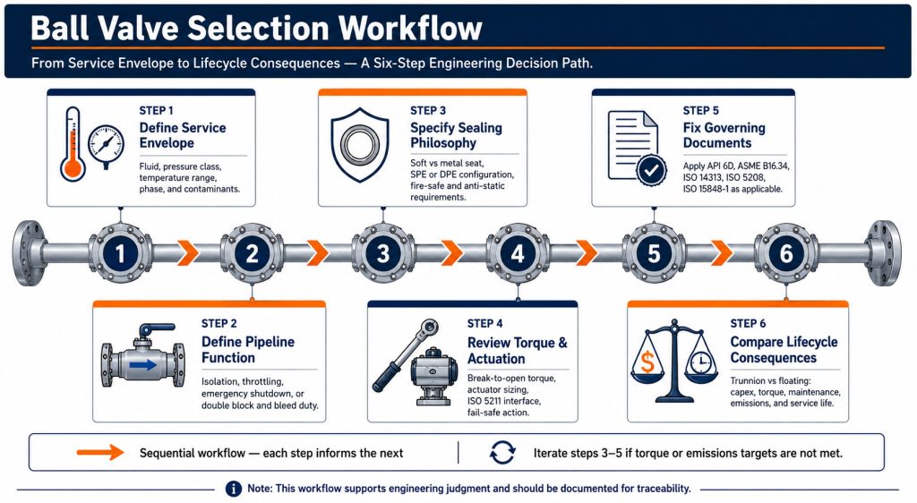 Step-by-step workflow for selecting trunnion or floating ball valve design