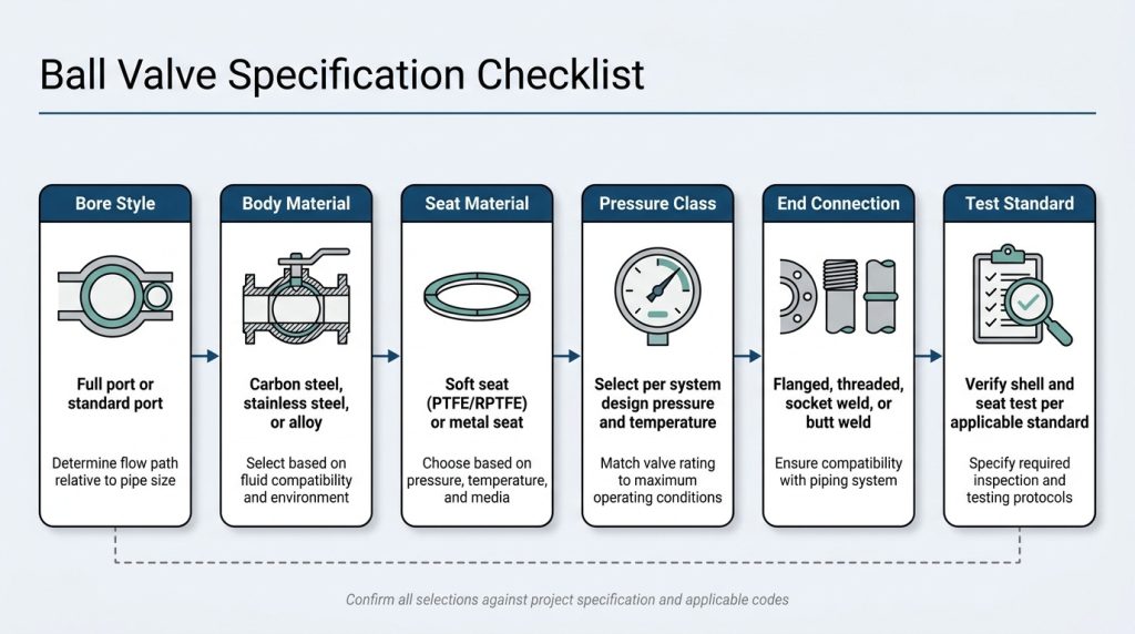 Industrial valve specification infographic showing bore material rating and test standard checks