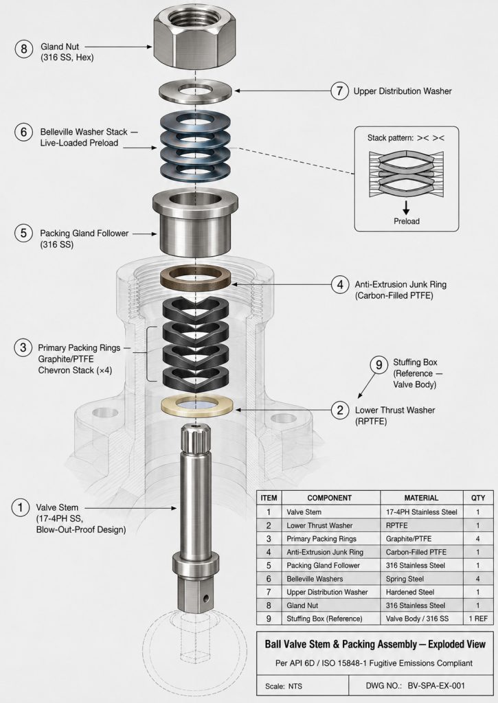 Exploded engineering diagram of a ball valve stem and packing assembly