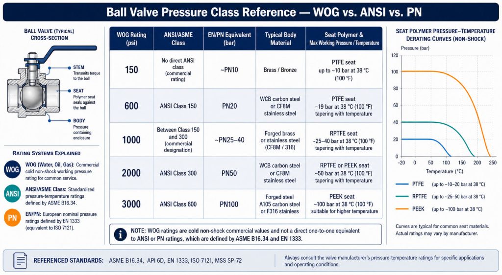 Technical specifications table layout depicting industrial ball valve classes, design standards, and seat polymer pressure limits.
