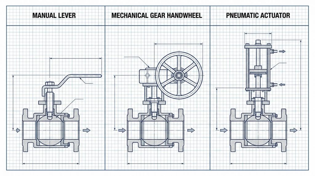 Technical drawings comparing manual lever, mechanical gear handwheel, and pneumatic actuator ball valve configurations