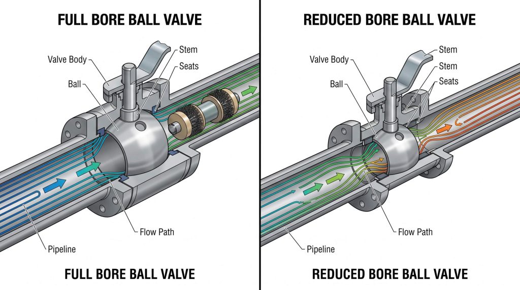 Full Bore vs Reduced Bore Ball Valve Cross-Sectional Comparison