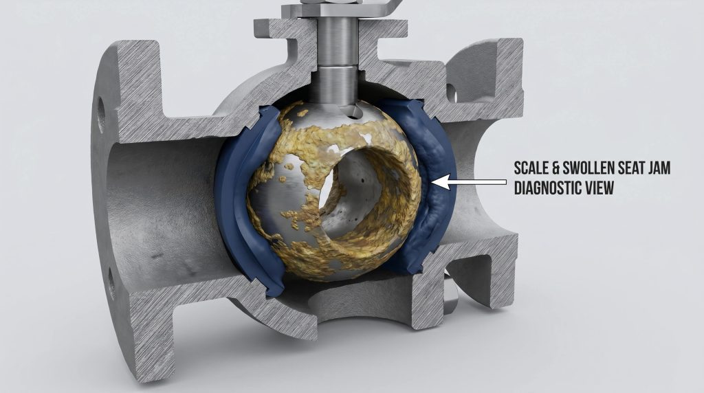 3D cross-section render of a ball valve showing scale buildup and a swollen seat
