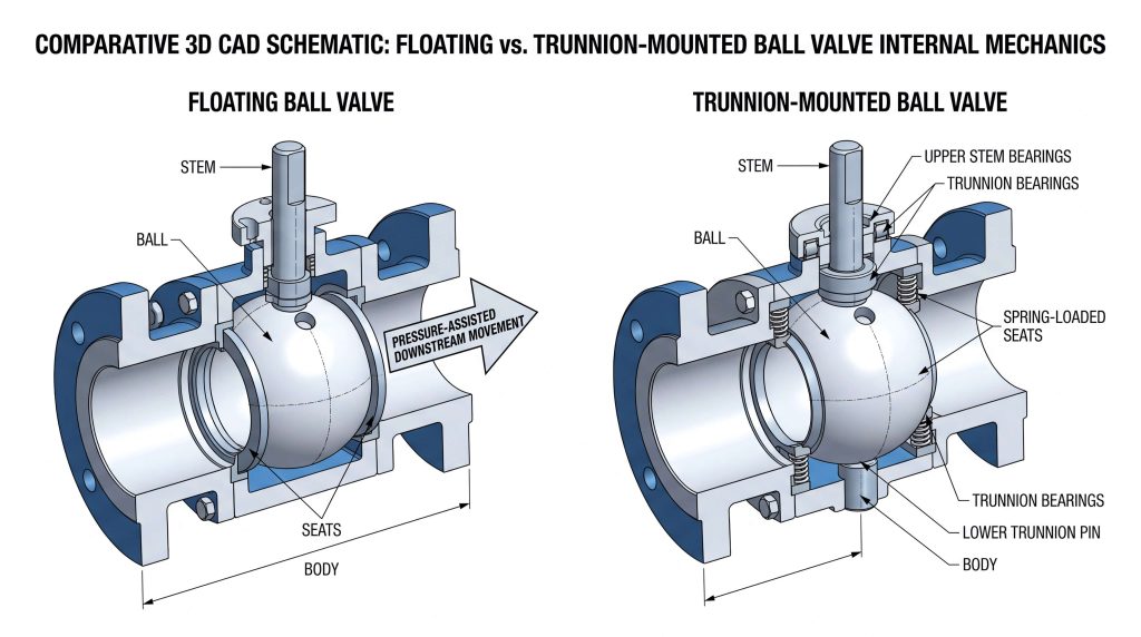Comparative 3D CAD Schematic: Floating vs. Trunnion-Mounted Ball Valve Internal Mechanics