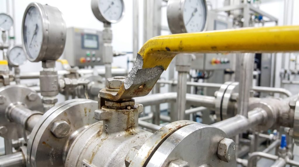 Industrial ball valve with a broken yellow lever handle