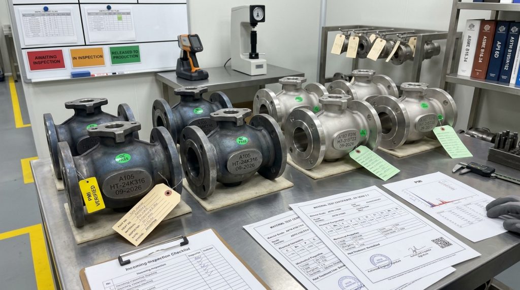 Carbon steel and stainless steel ball valve bodies with material certificates