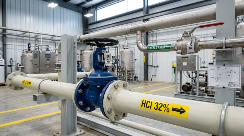 Photorealistic chemical process piping with diaphragm and ball valves