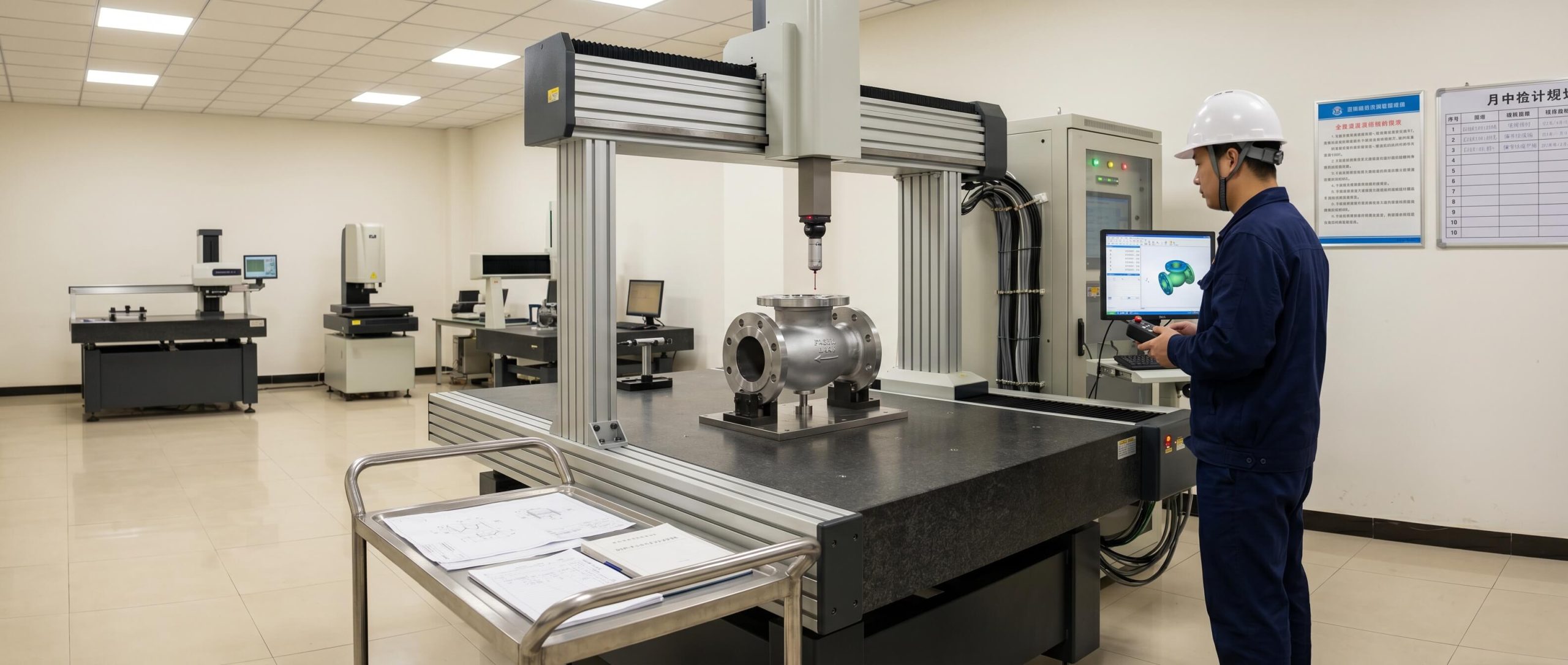 Precision dimensional checking of valve components using coordinate measuring machines.
