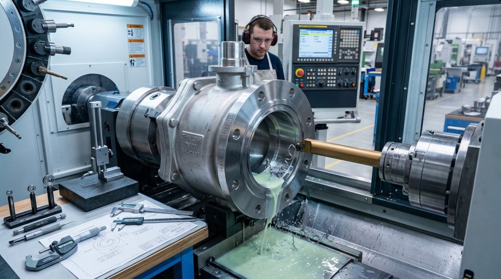 CNC machining of a stainless steel ball valve body seat pocket