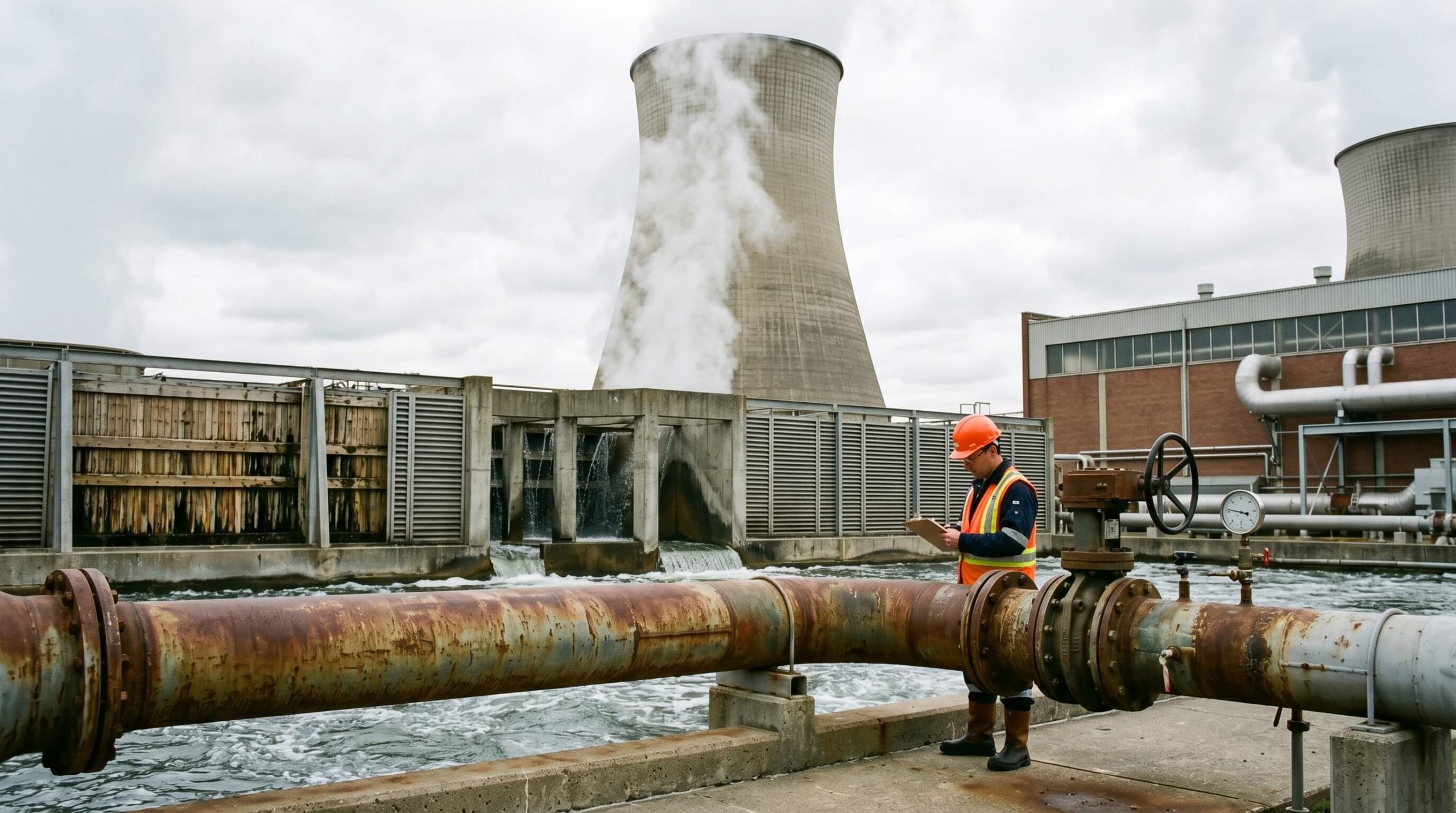 Industrial photography of a power plant cooling water system