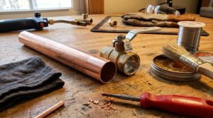 Installer preparing a copper tube and sweat ball valve before soldering