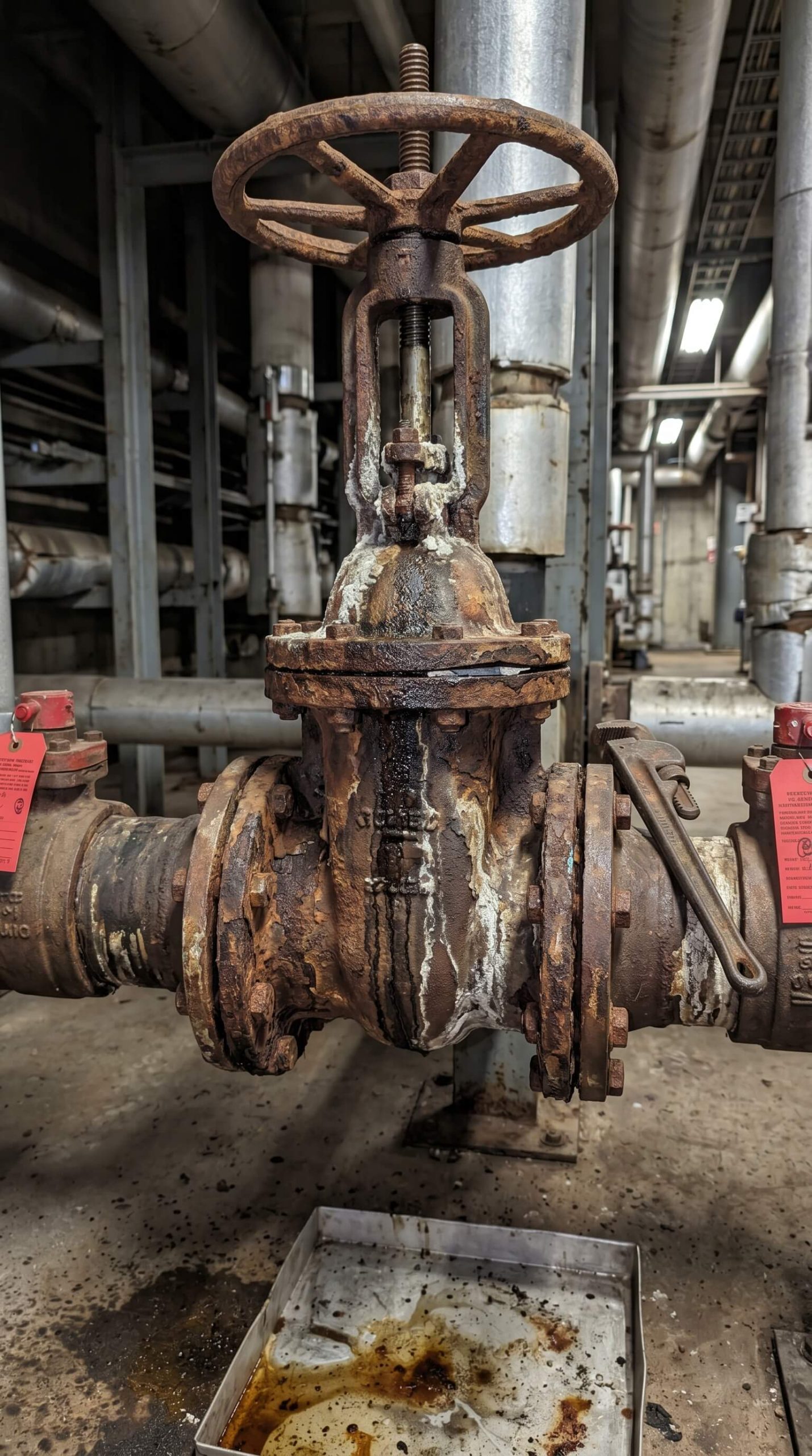 Leaking and corroded industrial valve