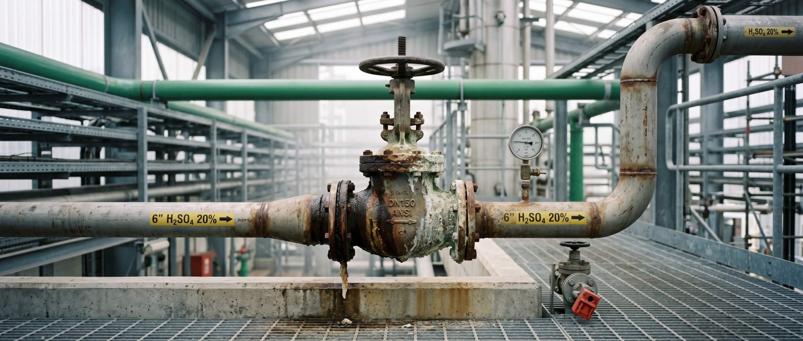 Close-up of a corroded industrial valve showing severe material degradation and leakage points, high contrast lighting emphasizing the texture of rust and chemical damage, cool blue and stark white tones.