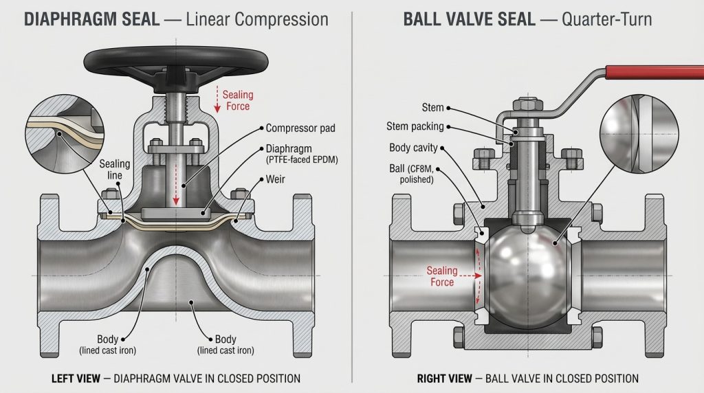 Cutaway diagram of diaphragm valve and ball valve sealing mechanisms